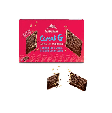 Galbusera Kekse MHD 19/01/25 Galbusera Cereali G cracker con riso soffiato ricoperti di cioccolato fondente Cracker mit Puffreis umhüllt von dunkler Schokolade 150g