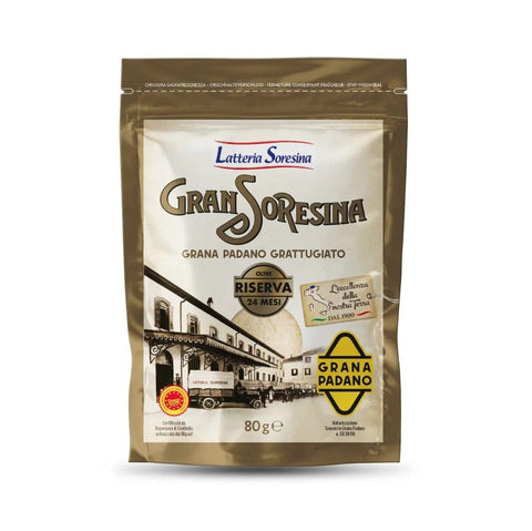 Latteria Soresina Käse 3x Gran Soresina Grana Padano DOP Riserva 24 mesi grattugiato geriebener Käse 24 Monate gereift 80gr 8004673805155