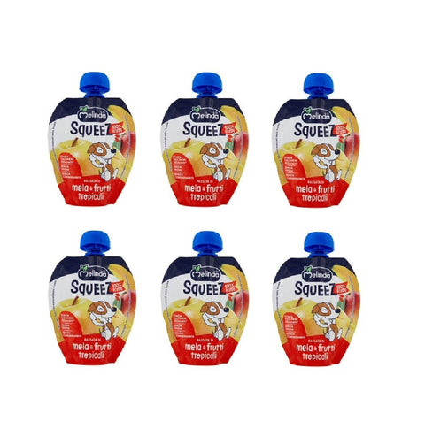 Melinda Snack 6x Melinda Squeez  Mela & Frutti Tropicali Apfel- und tropisches Fruchtpüree 100 % Frucht 90 g 8007049400176