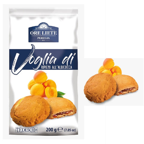 Ore Liete Süße Snacks 4x Ore Liete Voglia di Ripieno Confettura di albicocca Kekse gefüllt mit Sahne Aprikosenmarmelade 200gr 8032755324232