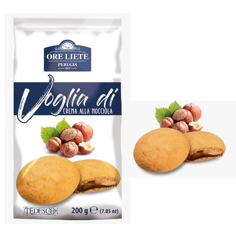 Ore Liete Süße Snacks 4x Ore Liete Voglia di Ripieno Crema alla nocciola Kekse gefüllt mit Haselnusscreme 200g 8032755322504