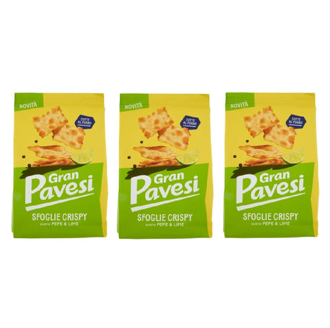 Pavesi Gesalzener Snack & Cracker 3x Gran Pavesi Le Sfoglie Crispy pepe e lime Cracker mit Pfeffer- und Limettengeschmack 150gr 8013355501797