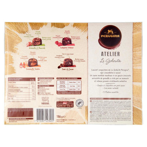 Perugina Schokoladenriegel Perugina Atelier Le Golosità 4 Verschiedene Pralinen Gehackte Haselnüsse, Intensive Himbeere, Gesalzenes Karamell, Kakaobohnen 186g Geschenkbox 7613287423405